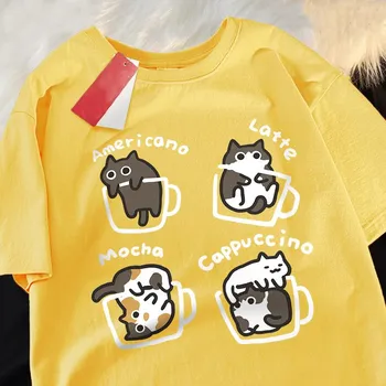 Футболка Cat Coffee Pure Cotton Trendy Summer Free Short Sleeved Football Unisex Women Original Mocha Latte Cat Three Flowers Fun Cat Tees S