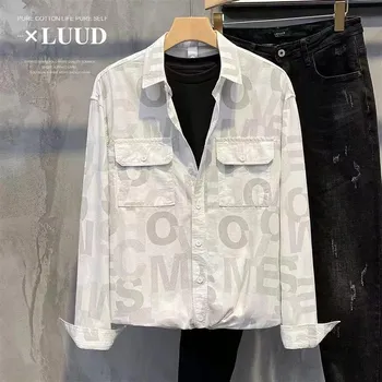 New Trendy Letter Full Print Long Sleeve Thin Jacket 2025 Spring Men s Casual Retro Stylish Shirt M хаки
