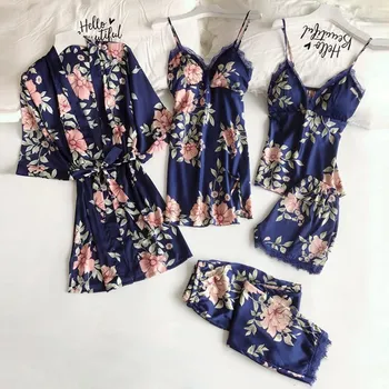 Женский пижамный комплект, 5 шт., атласный пижамный комплект для женщин, шелковистый полиэстер, дышащий и гладкий пижамный комплект XXXXL чёрный