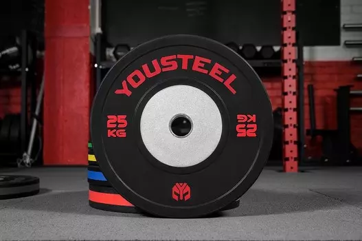 Диск соревновательный черный с полосой YouSteel 25кг, d51мм, чёрный/красный