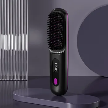 Беспроводной выпрямитель для волос с щеткой LED-дисплеем температуры Керамическая нагревательная электрическая щетка с защитой от ожогов Беспроводной выпрямитель для волос белый