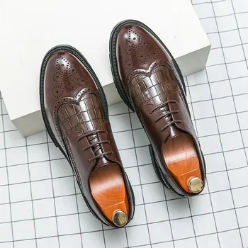 FashionMen s Walking Shoe Men Leather Platform Oxfords Slip on Thick Tottom Male Derby Shoes Casual Loafers Men Comfortable Dress Shoes 38 чёрный