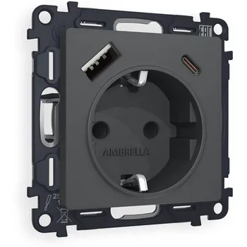 Комплект механизма Ambrella Volt электрической розетки ALFA MA910010 Графит мягкое касание 2USB A+C 20W быстрая зарядка с заземлением и шторками 2P+E 16A-250V QUANT