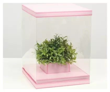 Коробка для цветов с вазой и PVC окнами складная, розовый, 23 х 30 х 23 см