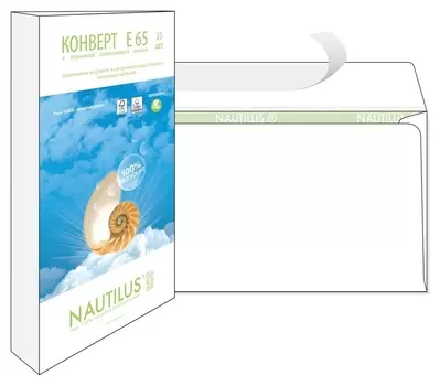 Конверты Nautilus, эко,е65(110х220мм),стрип, 80г/м2, 25шт/уп