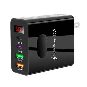 Адаптер для зарядки телефона Type-C USB 4 порта Быстрая зарядка Высокая мощность 45 Вт с цифровым дисплеем