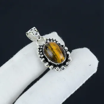 Серебряный кулон с натуральным драгоценным камнем тигровый глаз из серебра 925 пробы — дизайн ручной работы, повседневные украшения, уникальный кулон для праздничного наряда в подарок 1.96 коричневый