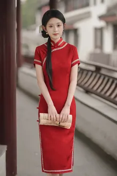 Пикантное кружевное платье с воротником-стойкой Qipao, традиционное китайское жаккардовое атласное вечернее платье-Ципао с коротким рукавом