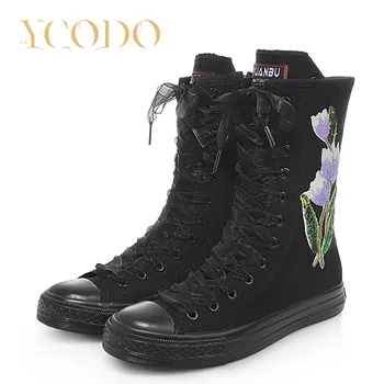 Love Ycodo 2023, парусиновые сапоги для девочек-студентов, повседневные парусиновые сапоги с вышивкой и цветами на внутренней молнии 43 белый