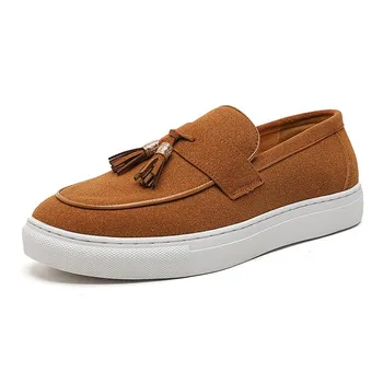 FashionNew Suede Loafers Casual Shoes Flock Brown Breathable Slip-On Tassels Spring Men Shoes Size 38-48 Zapatos De Hombre 38 чёрный