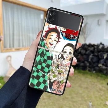 Luxury Case For Samsung Galaxy Z Flip 4 3 5G Black PC Hard Phone Cases Fashion Back Cover ZFlip Funda Demon Slayer Anime Shell Samsung Z Flip 5G