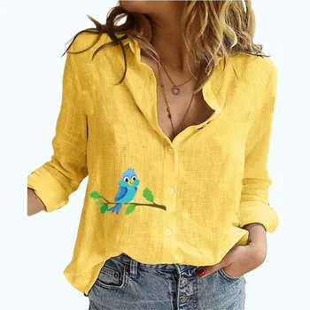 Women Fashion Print Shirt Female Casual Cotton Linen Long Sleeve Top Plus Size Loose Button-down Blouses S белый