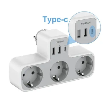 Настенная розетка TESSAN EU с 2 розетками переменного тока, 2 портами USB, 3600 Вт, 5 В/2,4 А, адаптер питания с защитой от перегрузки для дома, офиса, путешествий 3 Outlets & 3 USB Ports серый