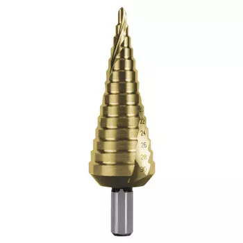 RUKO RK-101052T Сверло ступенчатое 4,0-30,0 мм, 14 ступеней, HSS, 118°, HZ, TiN, со спиралевидной канавкой