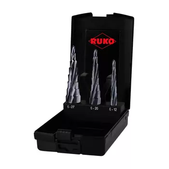 RUKO RK-101087PRO Набор ступенчатых сверл 6-12, 6-20, 6-27 мм, HSS RunaTec, 130°, со спиральными канавками, в пластиковом кейсе