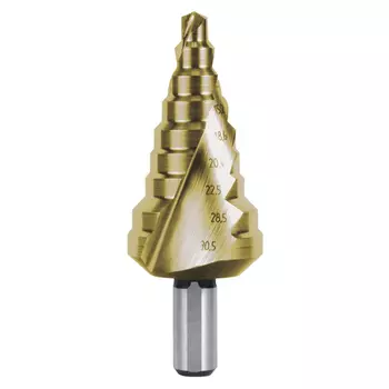 RUKO RK-101098T Сверло ступенчатое 6,0-30,5 мм, 9 ступеней, HSS, 118°, HZ, TiN, со спиралевидной канавкой