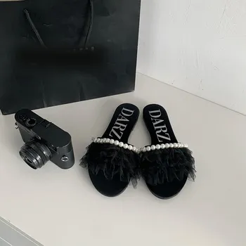 fashion Open Toe Women Slippers Lace Pearl Design Black White Summer Outside Flat Low Heels 2024 New Arrivals Casual Mules Shoes Woman 5.5 чёрный