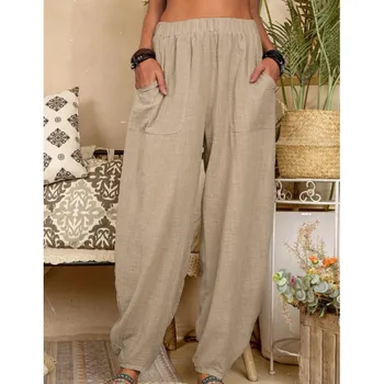 Женские летние белые брюки из хлопка и льна с карманами, винтажные свободные повседневные брюки с эластичной резинкой на талии S белый