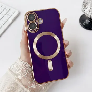 Для iPhone 16 Pro 15 14 Plus 13 12 Pro Max 11 гальваническое покрытие с линзами для Magsafe магнитный ударопрочный мягкий TPU однотонный тонкий чехол iPhone 16 чёрный