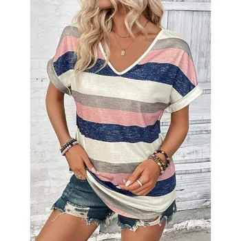 Summer V-neck 3D Floral Stripes Printed Top Fashionable Casual Short Sleeved Women s T-shirts S