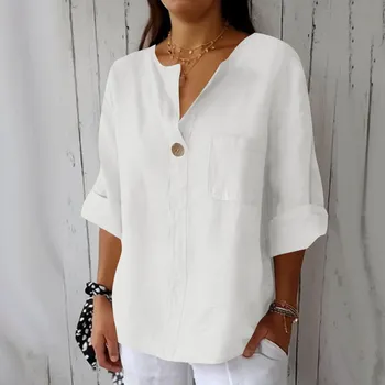 Women s Fashion Casual V-Neck Buttoned Seven-Point Sleeve Cotton Linen Top L армия зеленый