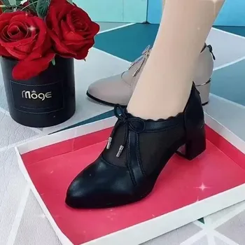 2025 spring and summer new mid-heeled sandals women s summer mother summer mesh hollow single shoes thick heel middle-aged lady 35 абрикосовый
