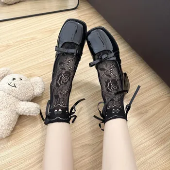 Milky White Hollow Ribbon Lace Women s Summer Short Calf Socks - Mary Jane Style белый/кремовый