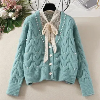 Женский вязаный кардиган Sweet Pearl с v-образным вырезом, женские осенние и зимние универсальные короткие вязаные топы XXL бежевый