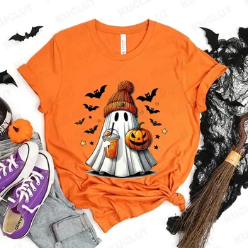 Happy Halloween Модная женская футболка Летние повседневные топы Жуткие сезонные футболки Хэллоуин Тыквы Футболки с привидениями Подарки на Хэллоуин S
