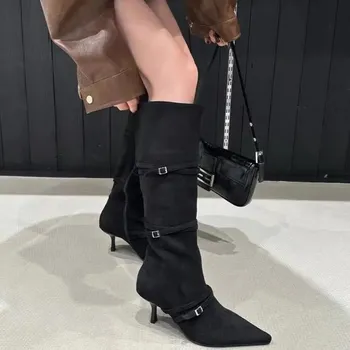 Fashion Boots for Women High Heels Pointed Toe Slip-On Knee High Flock Western Girls Footwear Europe America Long Autumn Winter Boots 35 абрикосовый