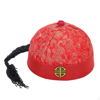Китайская восточная шляпа Император Шелковый Хозяин Азиатский Мандарин Косплей Вечеринка Кепка с Red 54cm