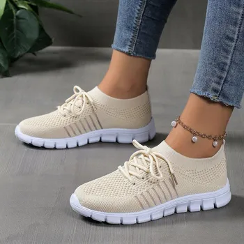 Fashion Women s Green Soft Sole Knitted Walking Shoes Lightweight and Breathable Running and Sports Shoes Women s Plus Size Flat Shoes 35 лавандовый