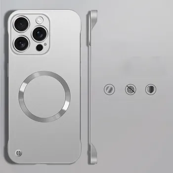 Тонкий безрамочный магнитный чехол для телефона из поликарбоната для iPhone 16 Pro Max 15 Pro 14 Plus 13 12 для MagSafe матовый противоударный однотонный чехол-бампер iPhone 16 чёрный