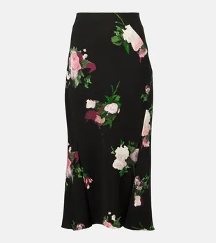 Цветочная миди-юбка Erdem, Painted Rose Bouquet Black