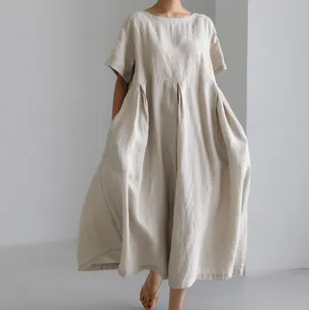 2024 Plus Size Cotton Linen Pullover Dress: Round Neck, Over-the-Knee, Preppy Mori Girl Style S
