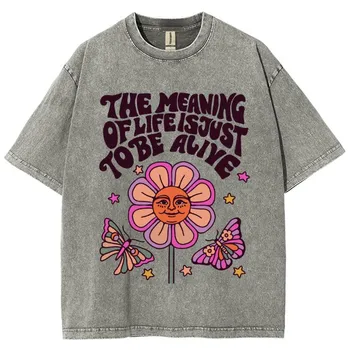 Flowers Butterfly Print Women s T-Shirt Washed Denim Oversized Crewneck Couple Unisex Style Half-Sleeved Sweetheart Top S