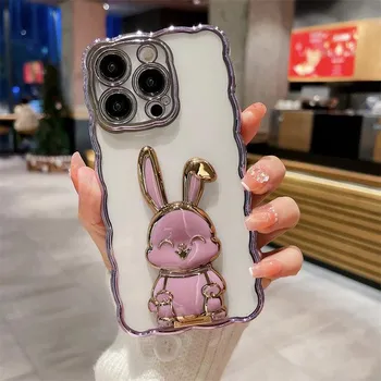 3d чехол-держатель с милым кроликом для Iphone 14pro 13 12 11 14 Pro Max 14 Plus 14, прозрачный противоударный чехол с волнистым покрытием For iPhone 14Plus