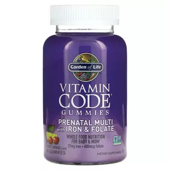 Garden of Life, Vitamin Code, жевательные таблетки для беременных, мультивитамины с железом и фолатом, вишневый лимонад, 90 жевательных таблеток