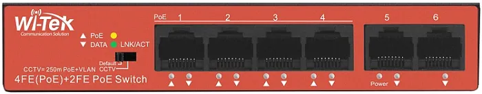 Коммутатор неуправляемый Wi-Tek WI-PS205H v2 4 PoE порта*100Base-TX+2*100Base-TX, PoE IEEE 802.3at/af до 30Вт на порт, Watchdog, БП 40Вт