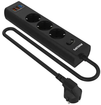 Сетевой фильтр Philips CHP4336BA/51 3 Розетки с USB PD/QC3.0 (5/9/12В) 20Вт кабель - 2M черный