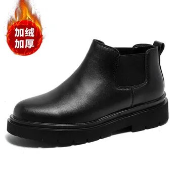 FashionAutumn New Chelsea Boots for Men Black Boots Platform Shoes Fashion Ankle Boots Winter Plush Slip on Men Shoes New Botines Mujer 38 чёрный