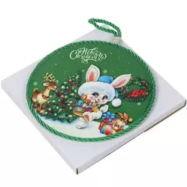 Подставка под горячее, керамика, круглая, 16 см, Daniks, Кролик с елкой