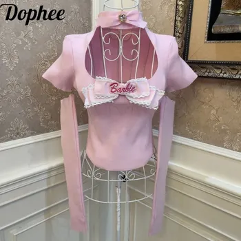 Оригинальная милая розовая футболка Dophee с коротким рукавом, милый пуловер с вышивкой и бантом, вязаная рубашка с высоким воротником и рукавами