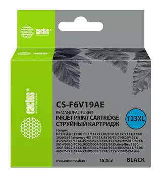 Картридж струйный Cactus CS-F6V19AE (123XL/F6V19AE), черный, совместимый, 480 страниц, 18 мл, для HP DeskJet 1110/1111/1112/2130