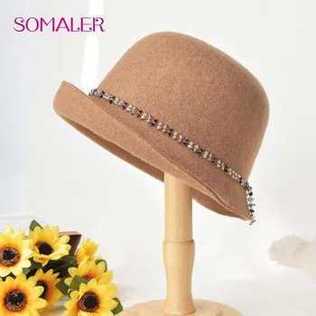 Зимние шляпы-клоши SOMALER, шерстяные панамы, осенняя банкетная шляпа-федора, шерстяные фетровые шляпы-федоры с модным украшением для вечеринки чёрный