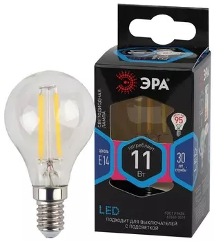 Лампа светодиодная филаментная ЭРА E14 11W 4000K прозрачная F-LED P45-11w-840-E14 Б0047014