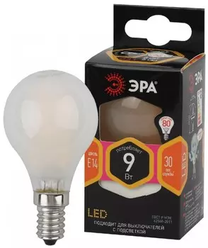 Лампа светодиодная филаментная ЭРА E14 9W 2700K матовая F-LED P45-9w-827-E14 frost Б0047021