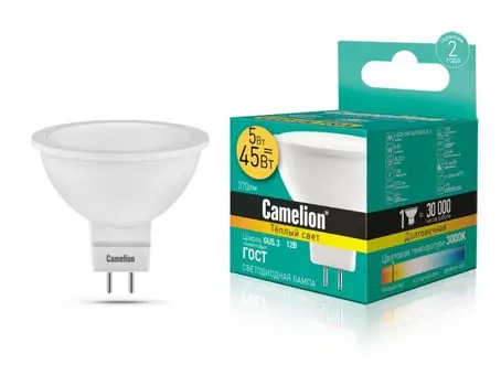 Светодиодная лампа GU5.3 5W 3000K (теплый) MR16 Camelion LED5-MR16/830/GU5.3 (12025)