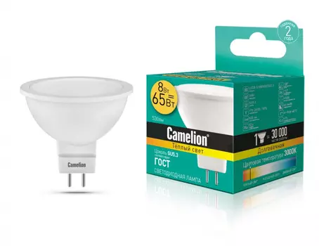 Светодиодная лампа GU5.3 8W 3000K (теплый) JCDR Camelion LED8-S108/830/GU5.3 (12871)