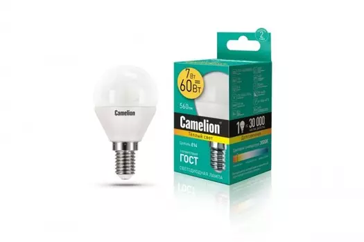 Светодиодная лампа E14 7W 3000 (теплый) G45 Camelion LED7-G45/830/E14 (12069)